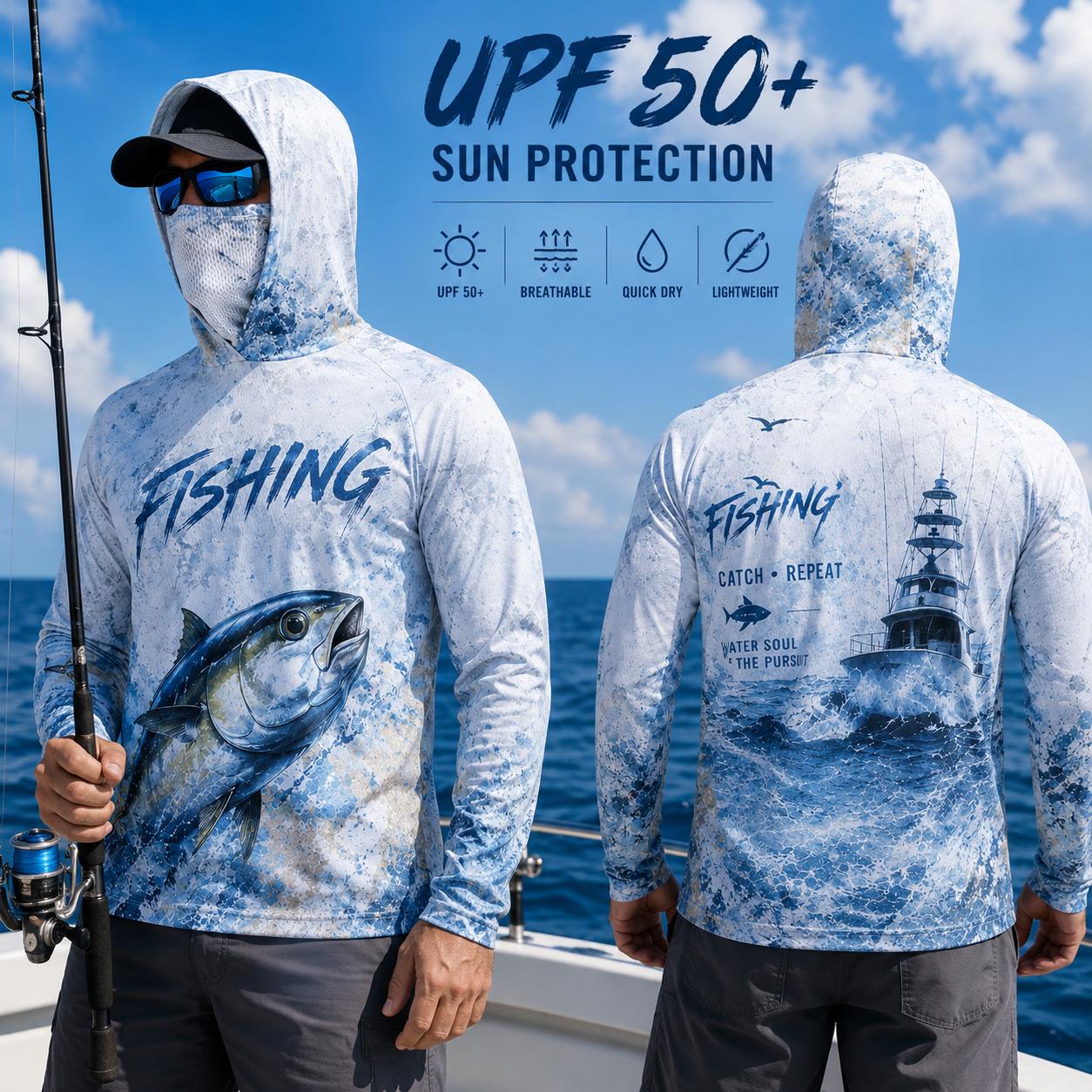 Fishing Hoodie Shirt Men Long  - Fishing Mask Sun Protection のレビューと価格
