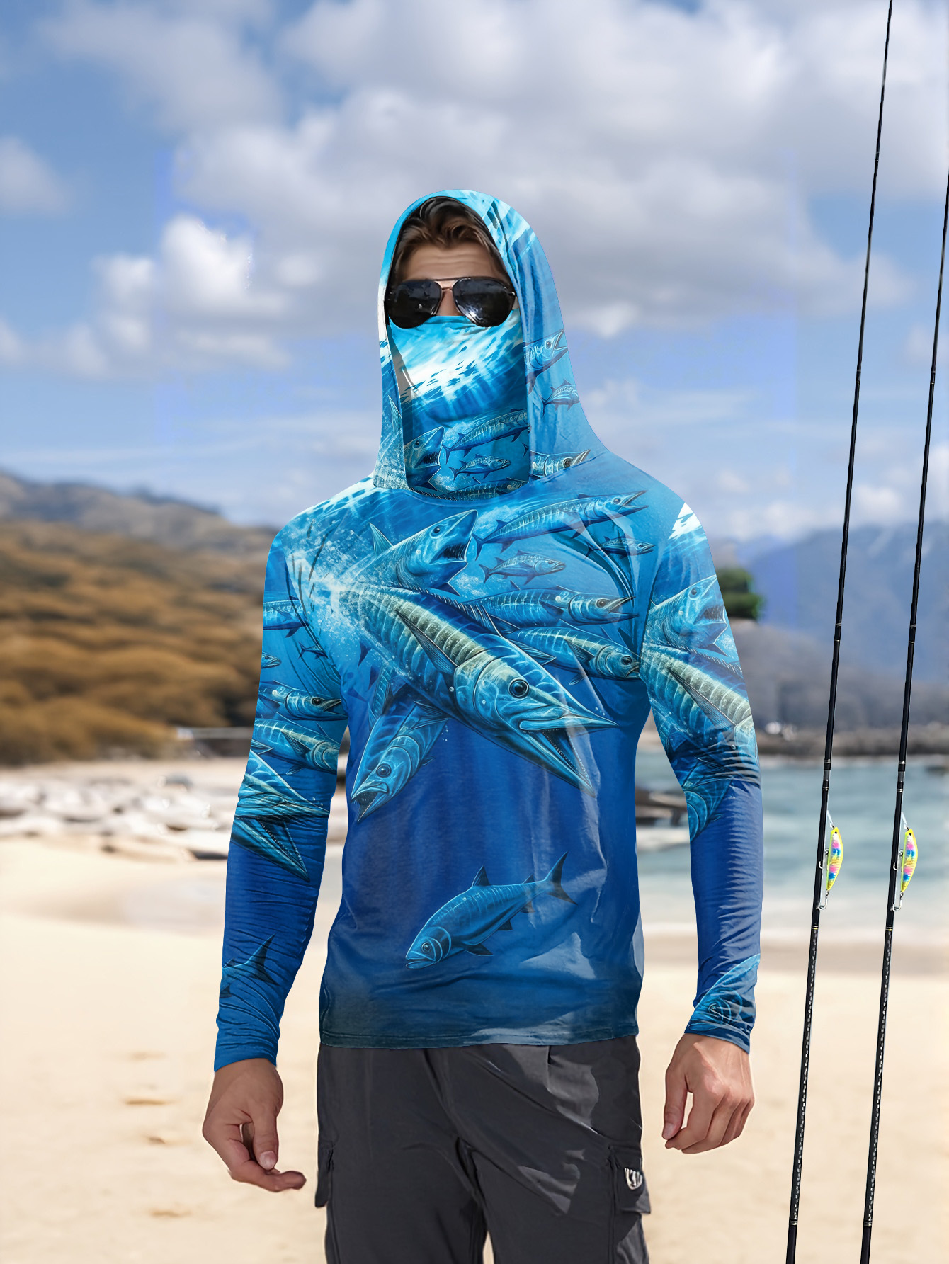 Men Hood Fishing Shirt long sl - Fishing Shirt Uv Protection のレビューと価格